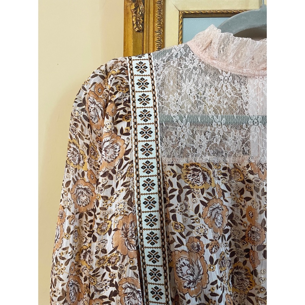 SHEIN Mini Floral Printed High Neck Ruffle Lace Trim Long Sleeve Mini Dress XS 2 - Picture 11 of 16